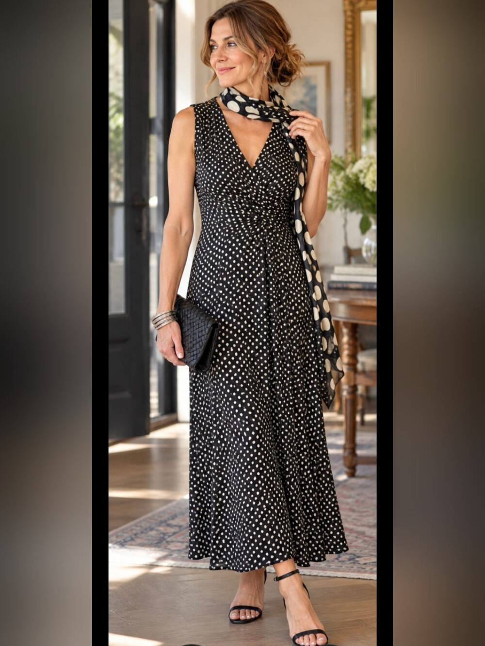 April Cornell Vintage Navy Polka Dot Bias Cut Dress w/ Matching Scarf M